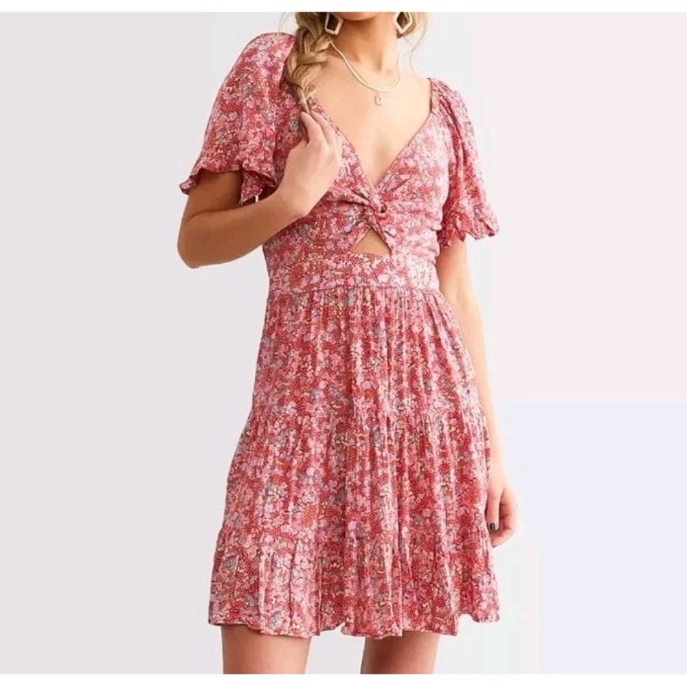 NWT Angie Dress Size S Red Floral Twist Front Women's Bohemian Mini Summer